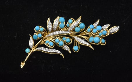 18kt GOLD DIAMOND & TURQUOISE LEAF PIN