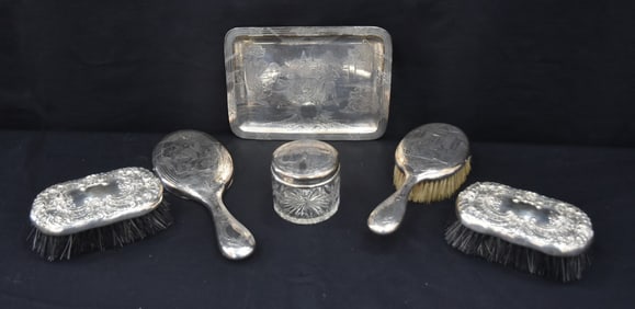 (6) ENGRAVED & EMBOSSED SILVER VANITY SET