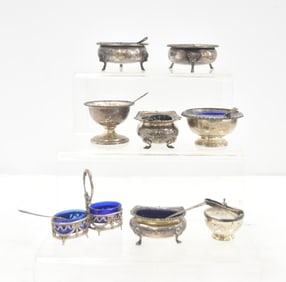 (8) STERLING SILVER MASTER SALTS / (6) SALT SPOONS