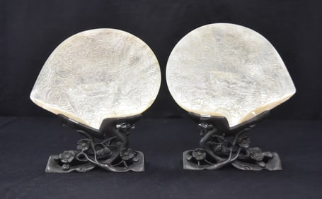 PAIR OF CHINESE MOTHER OF PEARL CARVED SHELLS