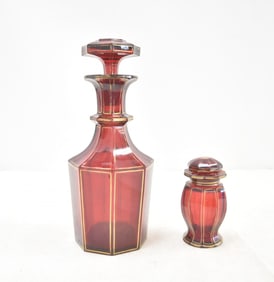 (2) RUBY BOHEMIAN GLASS BOTTLES WITH GOLD