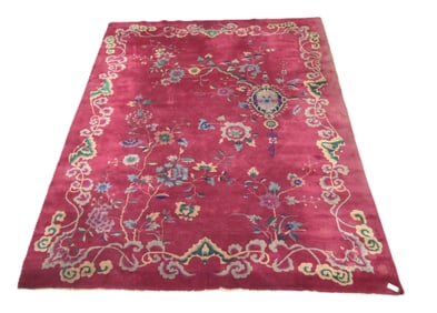ANTIQUE 9' x 12' CHINESE ART DECO PLUM RUG WITH BATS