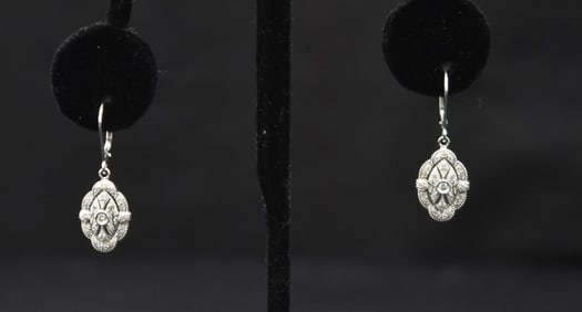 PAIR 14kt WHITE GOLD & DIAMOND ART DECO EARRINGS