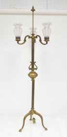 VICTORIAN BRASS FLOOR LAMP WITH ETCHED GLOBES