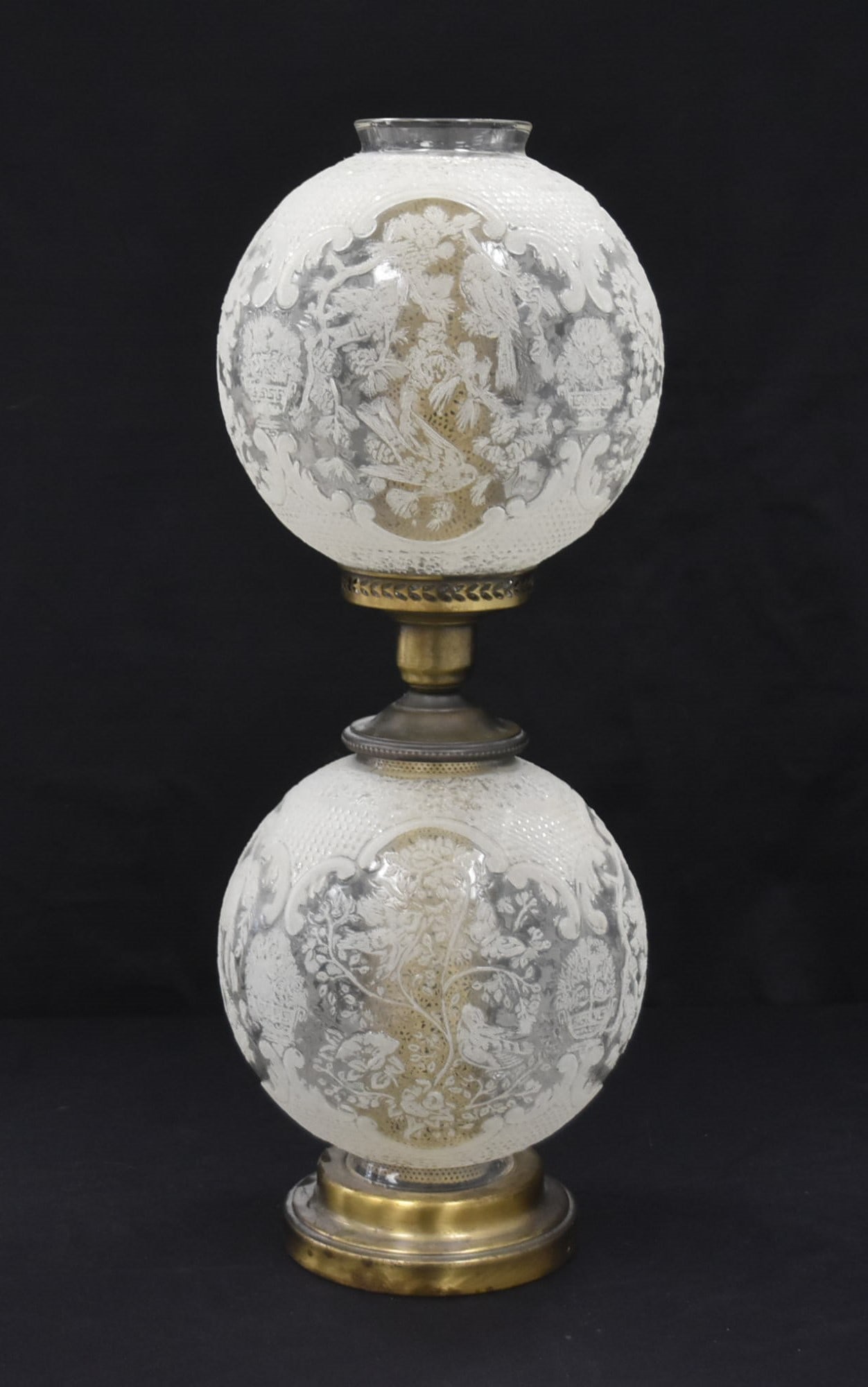 ETCHED FROSTED GLASS GONE WITH THE WIND LAMP: GONE WITH THE WIND LAMP WITH MATCHED ETCHED & FROSTED GLASS GLOBES - 9" x 26 1/2" (RIM OF ONE HAS MISSING PIECE)