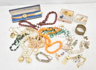 ASSORTED COSTUME BEADS , BRACELET , WATCH & MORE