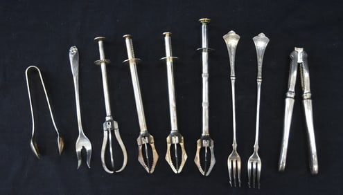 SILVER PLATE ICE TONGS / NUTCRACKERS / UTENSILS