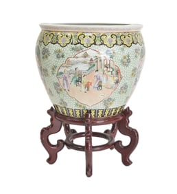 LARGE CHINESE PORCELAIN FISHBOWL ON STAND
