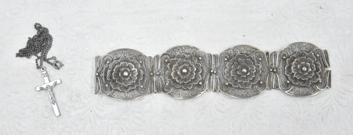 RETICULATED SILVER BRACELET & SILVER CROSS
