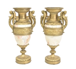 PAIR FRENCH GILT BRONZE & MARBLE URNS