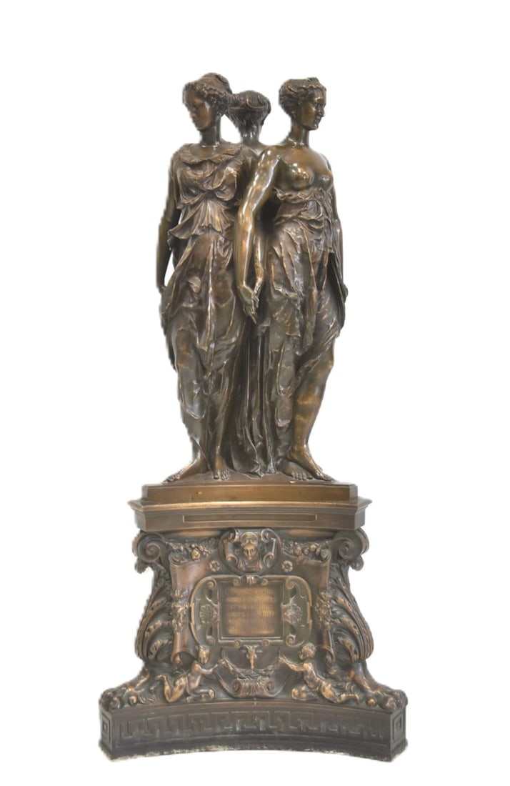 BARBIDIENNE LARGE FRENCH BRONZE (3) GRACES: FERDINAND BARBEDIENNE (1810-1892) LARGE 2-PART FRENCH PATINATED BRONZE GROUP OF THE THREE GRACES , AFTER THE MODEL BY GERMAIN PILON (1535-1590), PARIS, LATE 19TH CENTURY ; Raised on triangular bronze