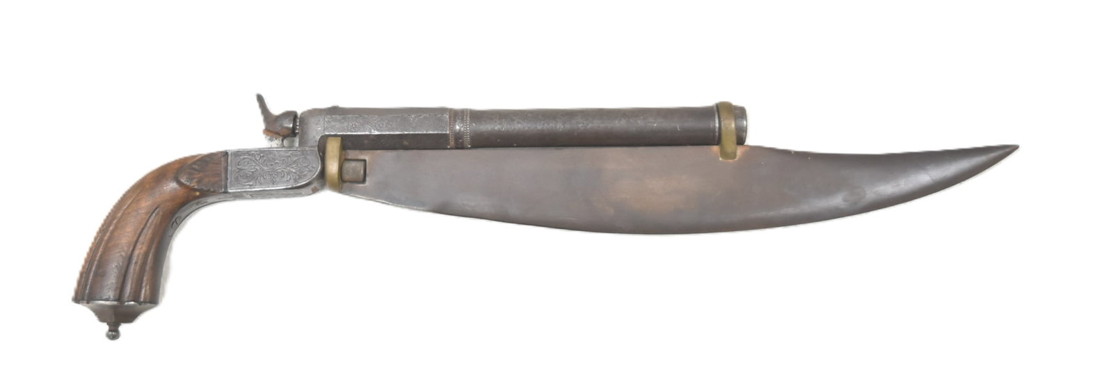 ANTIQUE 19th CENTURY KNIFE GUN: ANTIQUE 19th CENTURY KNIFE GUN PISTOL ; WITH ATTACHED KNIFE ; ENGRAVED SCROLLWORK & FLOWERS ; INSCRIBED ON TOP PORLEE ? 120 MELROSE - 16" OVERALL