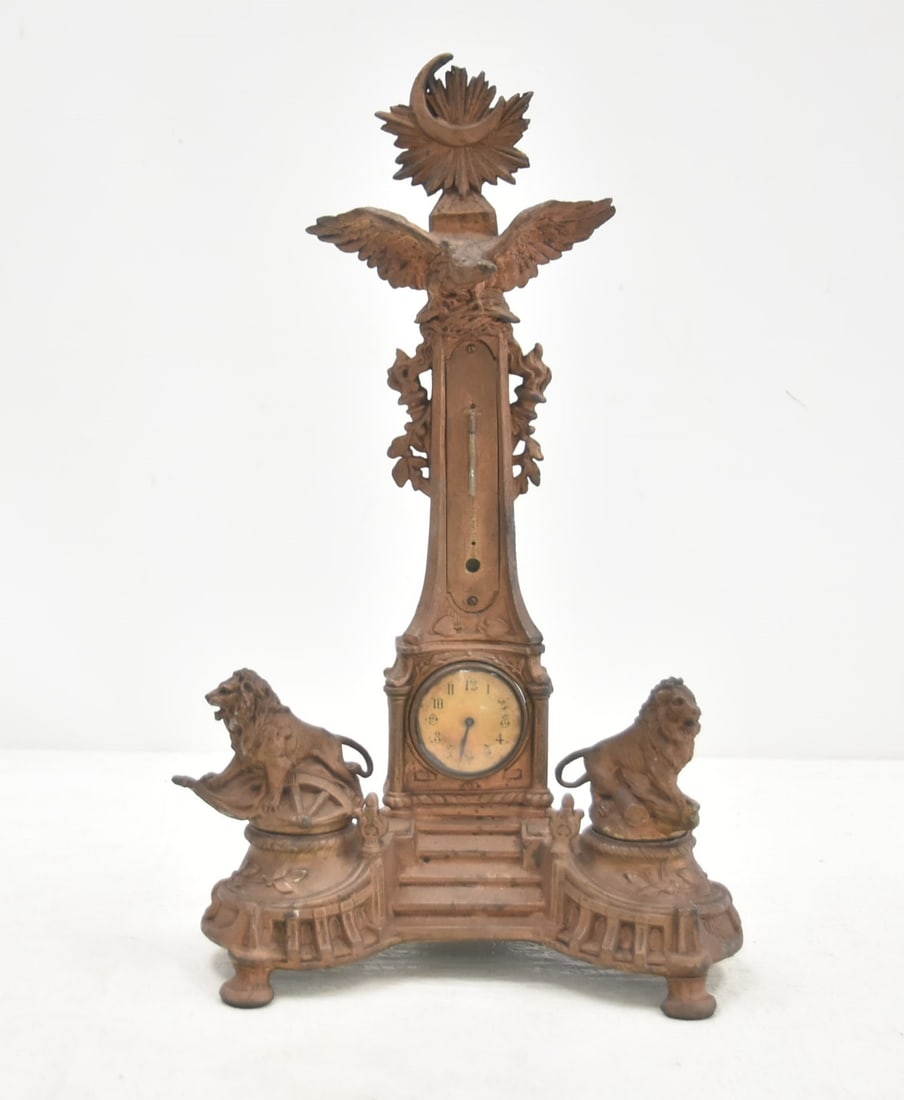 ANTIQUE GILDED METAL CLOCK BAROMETER . INKWELL (1 of 11)