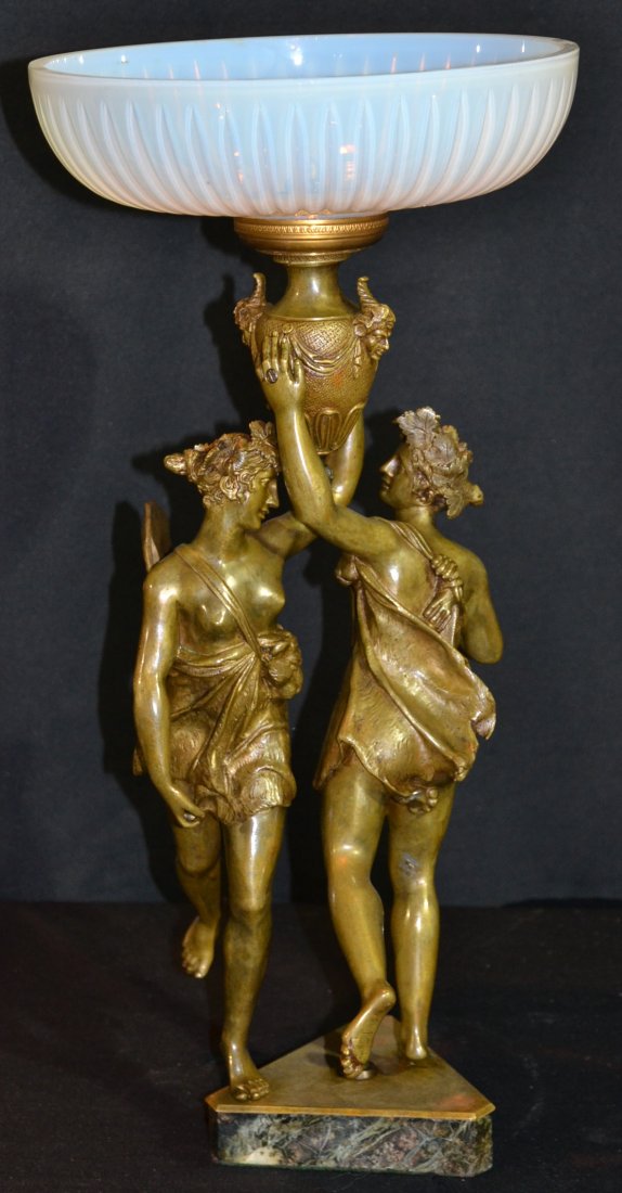 19thC FRENCH DOUBLE FIGURE BRONZE GIRLS HOLDING: URNS WITH MASKS & RIBBED OPALINE BOWL ATOP - BRONZE IS 7 1/2" WIDE , BOWL IS 10" DIAMETER , 20 3/4" TALL