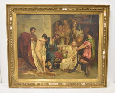 AFTER JEAN LEON GEROME , OIL ON BOARD SLAVE TRADER: AFTER / ATTRIBUTED TO JEAN LEON GEROME (FRENCH, 1824-1904) OIL ON BOARD ROMAN SLAVE MARKET TRADER , SIGNED JL GEROME , LOWER LEFT - OIL IS 30" x 24" ; 35 1/2" x 29 1/2" FRAMED (SOME LOSS TO FRAME)