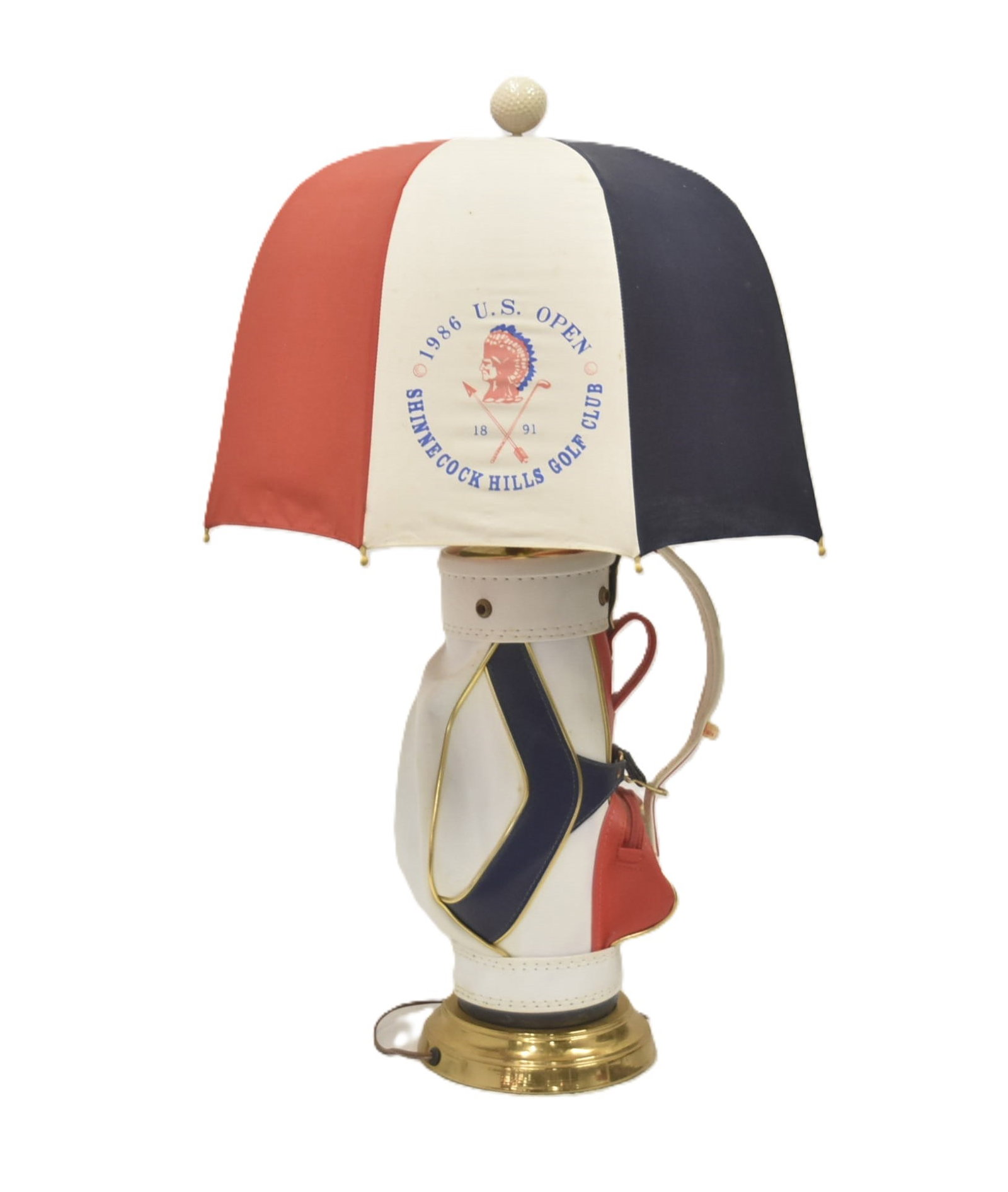 SHINNECOCK HILLS NOVELTY GOLF BAG LAMP: SHINNECOCK HILLS DURA BAG LEATHER NOVELTY GOLF BAG LAMP WITH SHINNECOCK HILLS 1986 US OPEN INSIGNIA ON SHADE - 16" x 29"