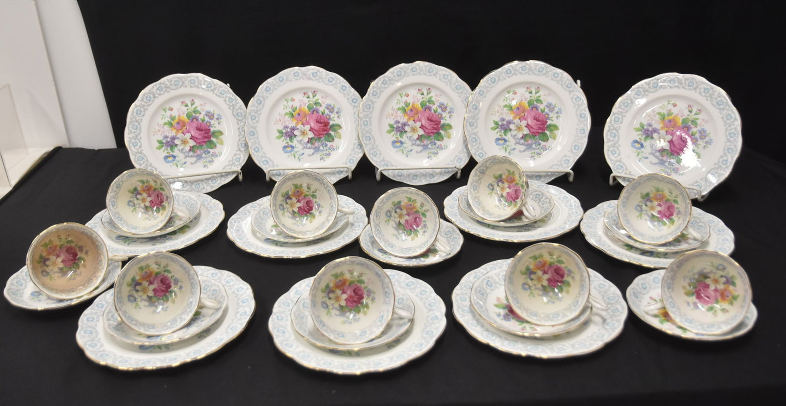 ROYAL ALBERT "FRAGRANCE" DESSERT SET: "FRAGRANCE" PATTERN BY ROYAL ALBERT ENGLISH FINE BONE CHINA DESSERT SET CONSISTING OF (12) 8" DESSERT PLATES / (10) CUPS & SAUCERS (ONE CUP HAS HAIRLINE & ONE IS DISCOLORED)