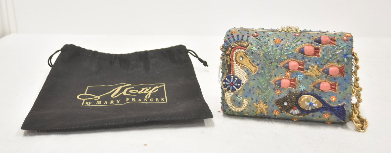 MARY FRANCES RECTANGULAR HAND BAG: MARY FRANCES RECTANGULAR OCEAN AQUATIC MOTIF HAND BAG WITH DUST COVER - GET SIZE
