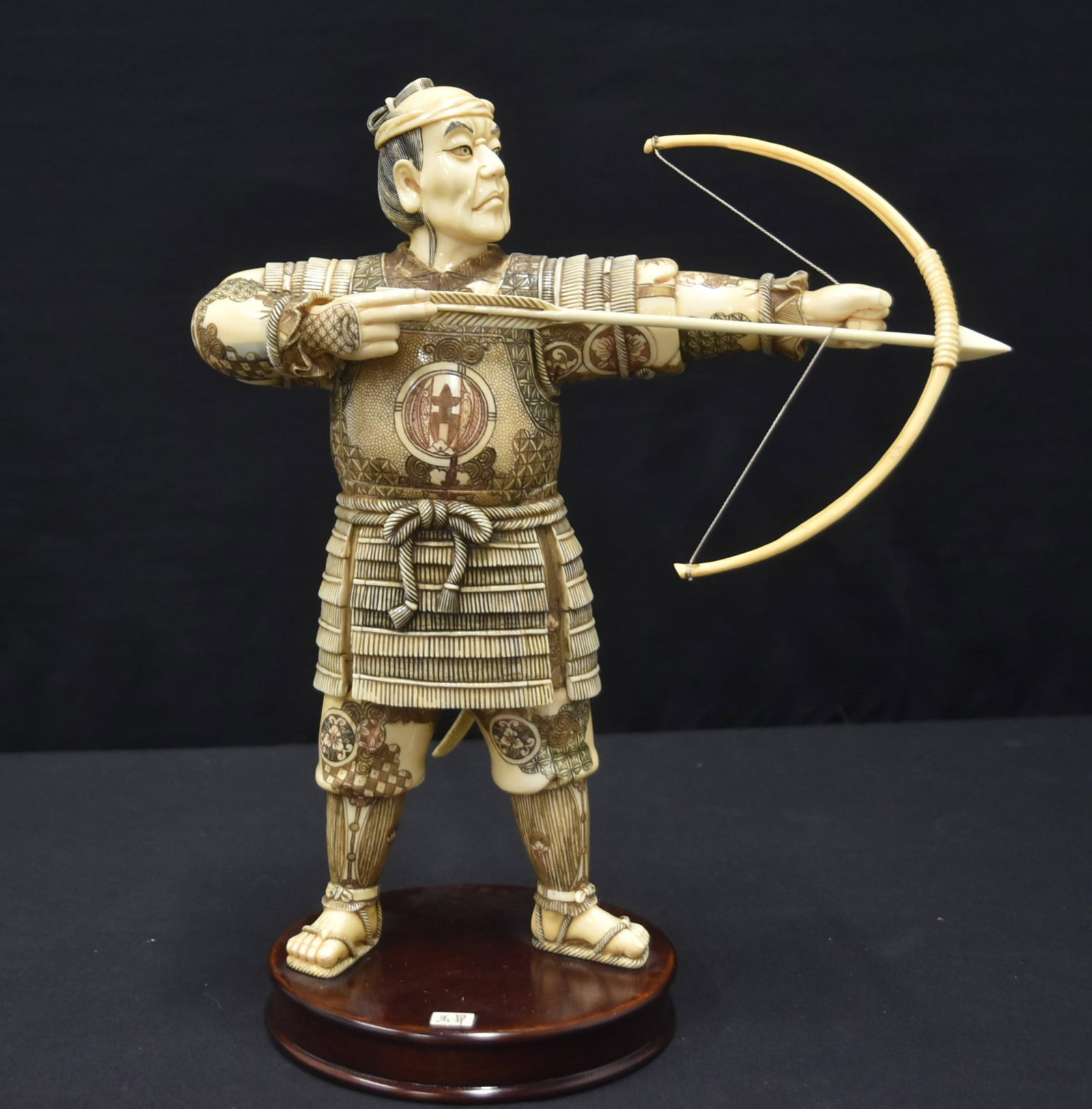 JAPANESE CARVED BONE ARCHER , SIGNED: JAPANESE OKIMONO CARVED BONE WARRIOR ; ARTIST SIGNED - 10" x 5 1/2" x 13"