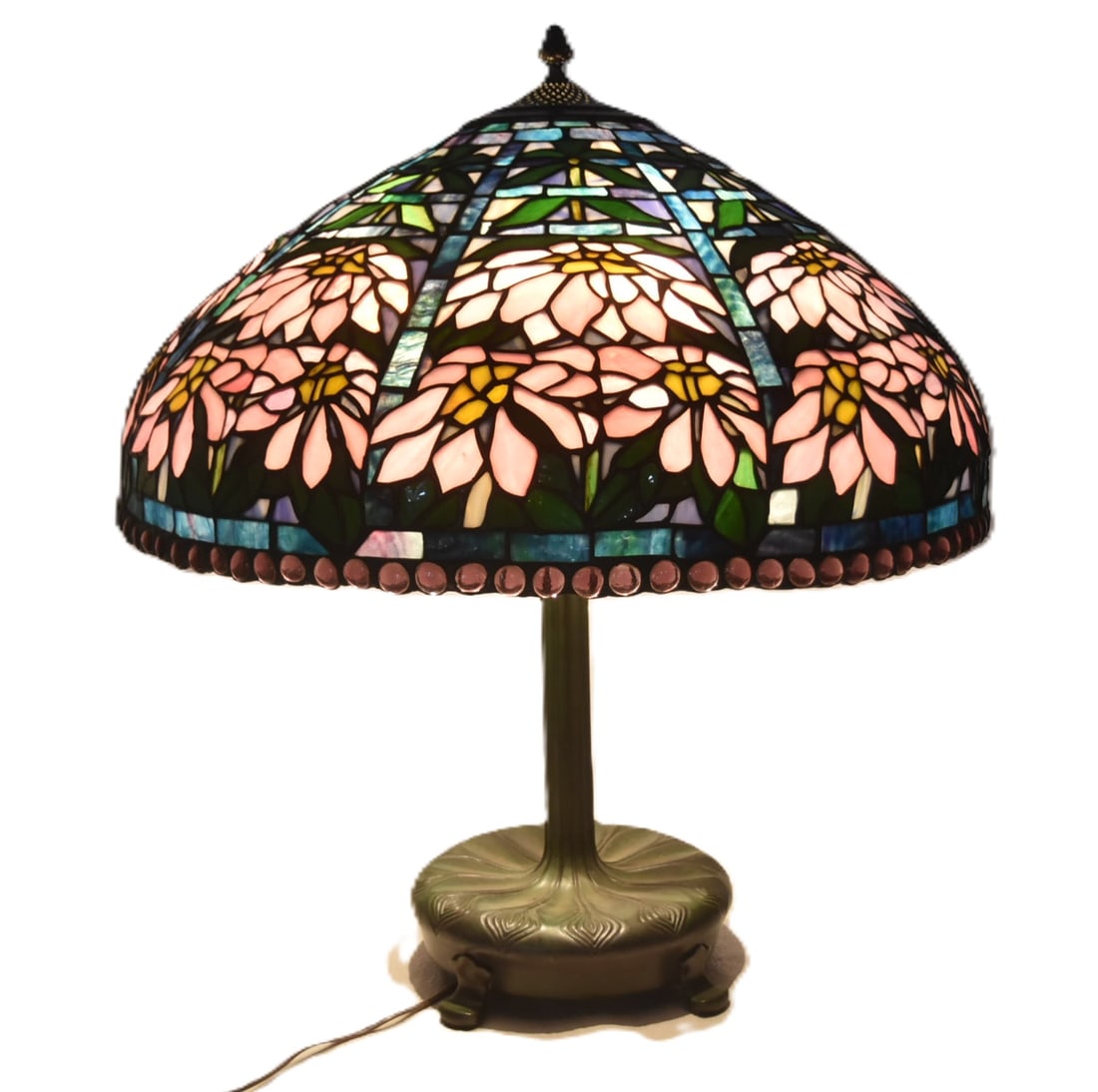 LARGE FLORAL LEADED GLASS TABLE LAMP: LARGE FLORAL LEADED GLASS SHADE TABLE LAMP ON FINE REPLICA TIFFANY VERDIGRIS BRONZE BASE BY DRAGONFLY STUDIOS - SHADE IS 22 1/2" x 11" ; 22 1/2" x 25"