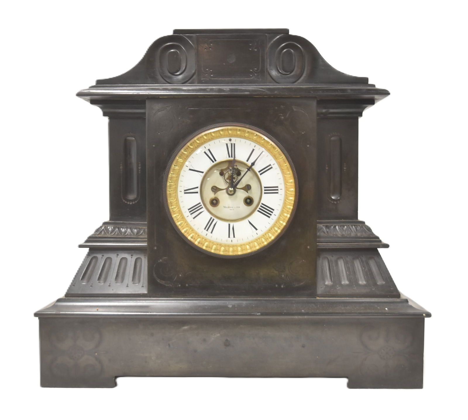 WALFORD & SON BLACK MARBLE MANTLE CLOCK: WALFORD & SONS BLACK MARBLE BUILDING FORM MANTLE CLOCK - 19" x 7 1/2" x 17 1/2"