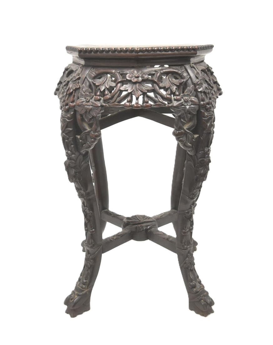 CHINESE CARVED ROSEWOOD MARBLE TOP STAND: CHINESE CARVED ROSEWOOD MARBLE TOP STAND - 15" x 24"
