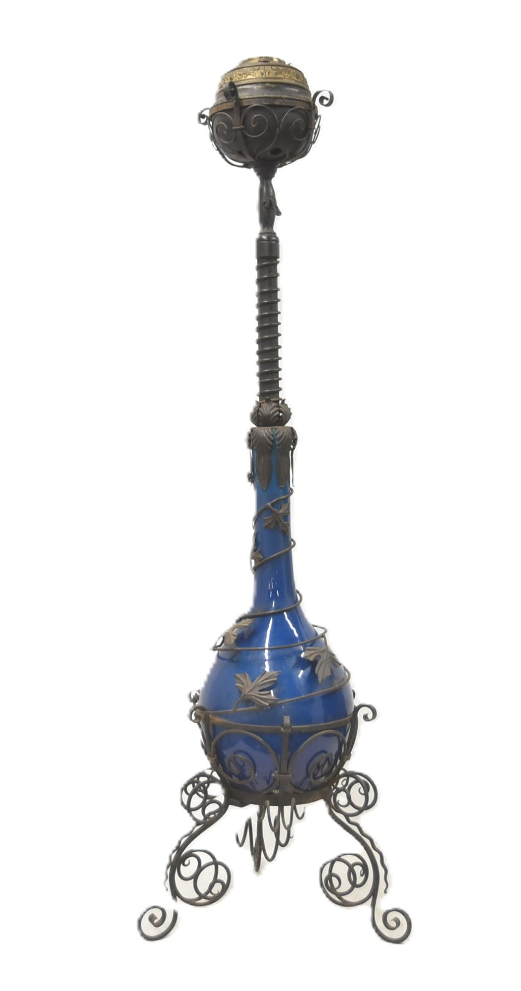 ANTIQUE WROUGHT IRON FLOOR LAMP: ANTIQUE VICTORIAN WROUGHT IRON FLOOR PIANO LAMP WITH INSET PORCELAIN VASE SURROUNDED BY FOLIATE & SPIRALS - - 12" x 55 1/2" (MISSING OIL FONTS)