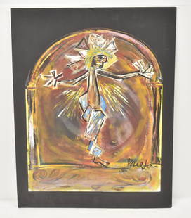 JOSE MARIA RUEDA , MIXED MEDIA ON PAPER: ATTRIBUTED TO JOSE MARIA RUEDA , EXPRESSIONIST PASTEL MIXED MEDIA ON PAPER , MOUNTED TO BOARD DEPICTING JESUS CHRIST - IMAGE IS 27" x 22 1/2" ; 33" x 26" OVERALL