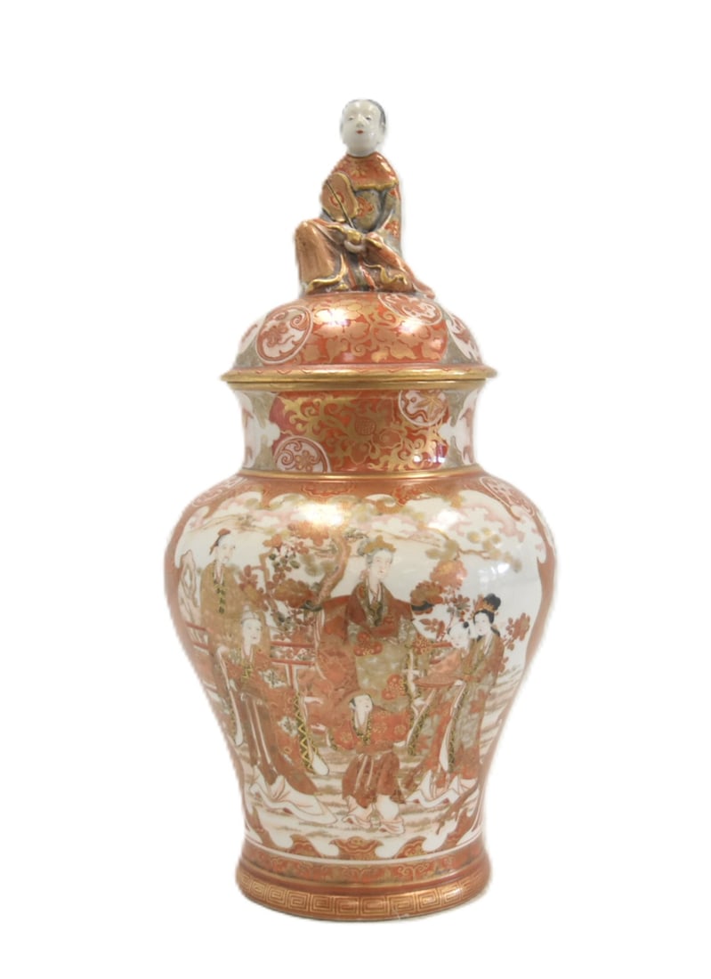 LARGE JAPANESE KUTANI COVERED URN: JAPANESE KUTANI LIDDED VASE WITH FIGURAL FINIAL & FIGURAL LANDSCAPE SCENES - 7" x 17 1/2"