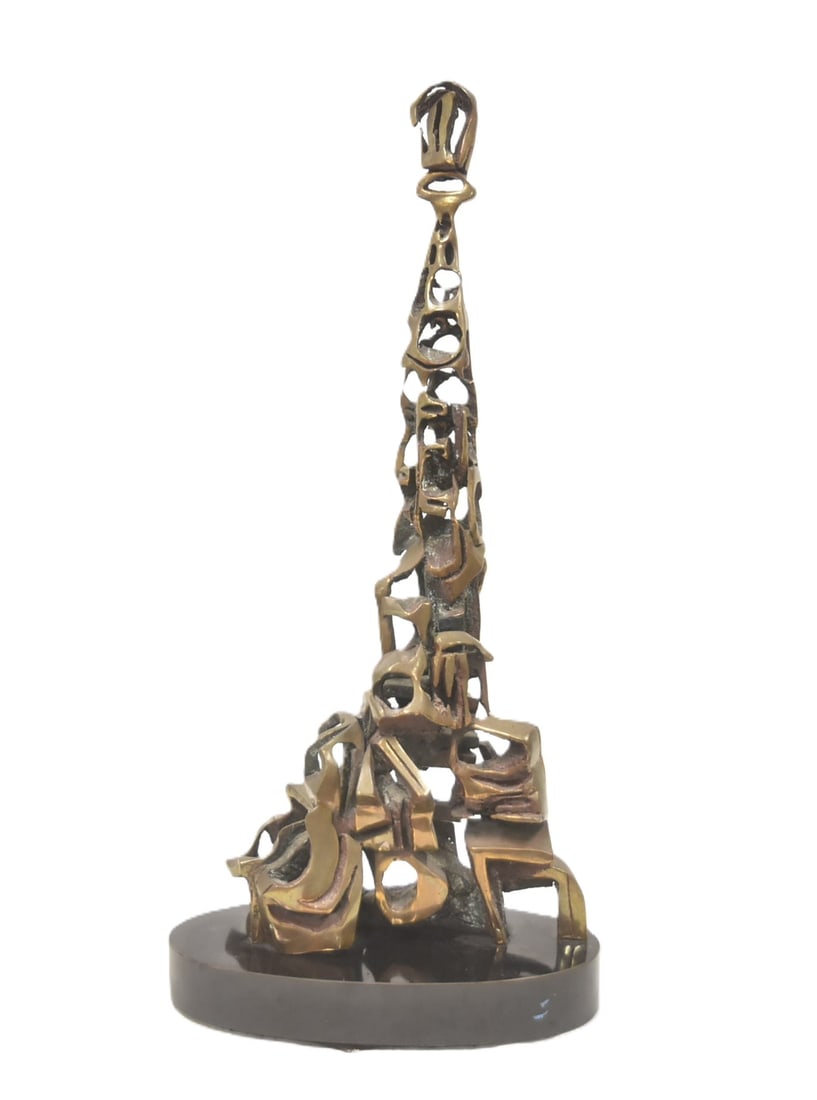 ESTHER FUHRMAN ABSTRACT BRONZE SCULPTURE: ESTHER FUHRMAN (AMERICAN. b. 1939) MODERNIST BRONZE SCULPTURE , SIGNED E FURHMAN , ON REVELOLVING MARBLE BASE - 15" x 6" x 31 1/2"