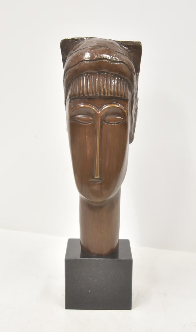 AFTER AMEDEO MODIGLIANI FRENCH BRONZE SCULPTURE: AFTER AMEDEO MODIGLIANI (1884-1920) FRENCH MODERNIST ELONGATED FEMALE BUST , AFTER TETE DE JEUNE FILLE A LA FRANGE ; HEAD OF A YOUNG GIRL WITH BANGS - 5 1/4" x 5 1/4" x 20"