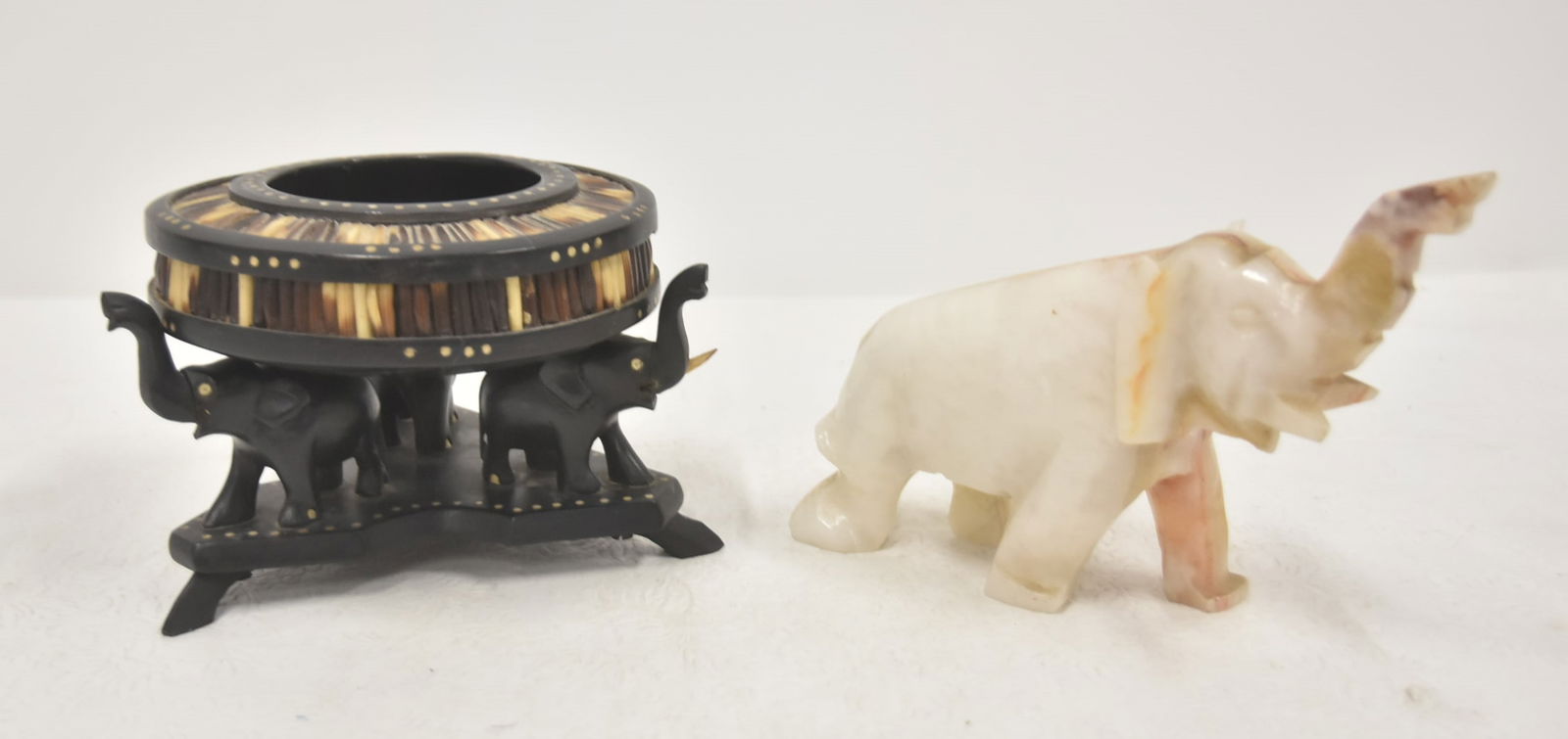 2-PART EBONY & PORCUPINE QUILL ASHTRAY / ELEPHANT: 2-PART PORCUPINE QUILL DISH ASHTRAY WITH (3) EBONY ELEPHANT BASE - 7 x 5" / / MARBLE ELEPHANT