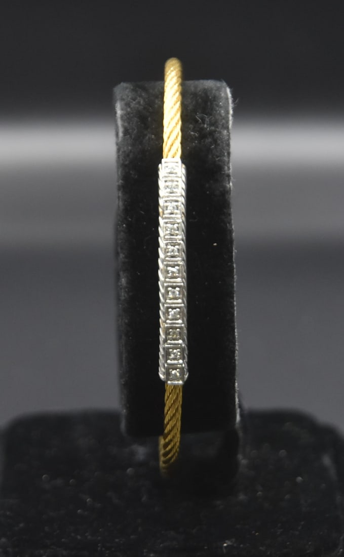 ALOR 14kt GOLD & STAINLESS CABLE BRACELET: ALOR , 14kt WHITE GOLD MOUNTED STAINLESS CABLE BRACELET WITH DIAMONDS - 8.95grams GROSS ; 2 1/2"