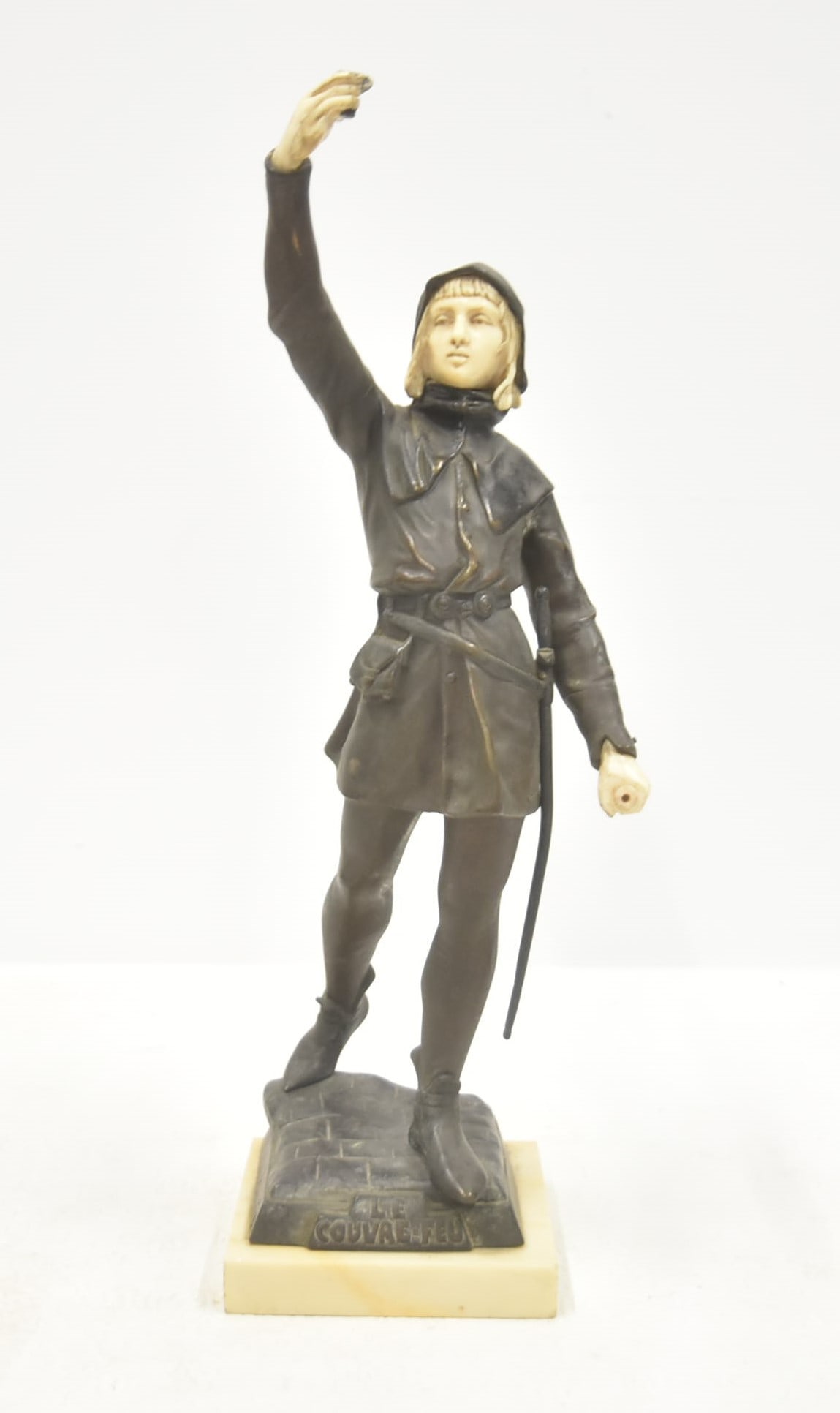 EUGENE MARIOTON BRONZE "LE COUVRE FEU": EUGENE MARIOTON (1857-1933) BRONZE FIGURE , TITLED "LE COUVRE FEU" "CURFEW" , SIGNED EUG MARIOTON WITH VRAI BRONZE STAMP - 4 1/4" x 4 1/4" x 14 1/2" (MISSING LANTERN & FINGERS ON ONE HAND ; MISSING BE