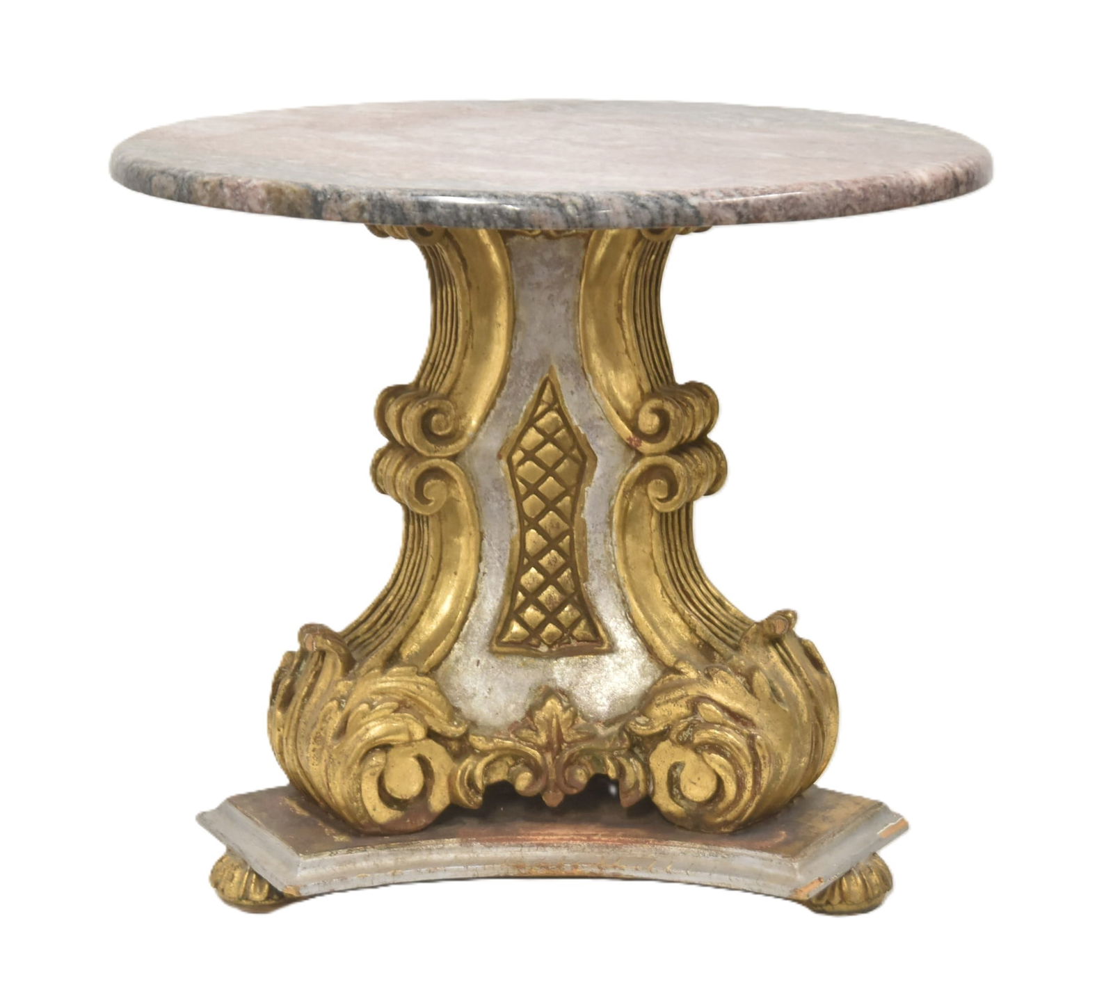 ITALIAN REGENCY FLORENTINE CARVED WOOD TABLE: MADE IN ITALY ANTIQUE FLORENTINE CARVED SLVER & GILDED WOOD BASE TABLE WITH WITH MARBLE TOP - 20" x 17 1/2"