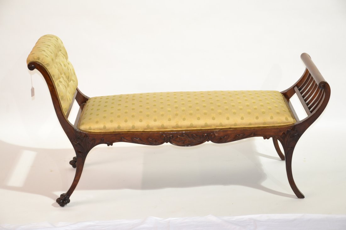 MAHOGANY ASYMETRICAL ROLLED ARM BENCH WITH: CARVED BORDER & CLAW FEET - - 50" x 19" x 27"