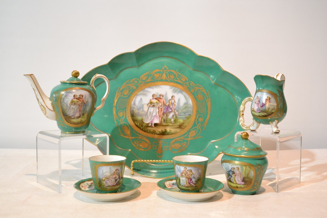 HAND PAINTED SEVRES TETE-A-TETE SET WITH HAND PAINTED: SCENES CONSISTING OF TWIN HANDLE TRAY (17 1/2" x 12") , TEA POT , (2) CUPS & SAUCERS , SUGAR & CREAMER