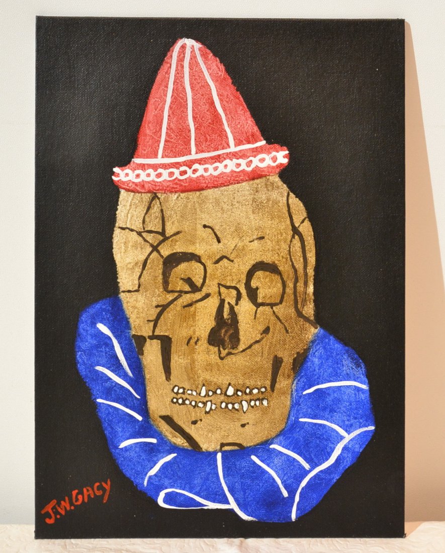 OIL ON CANVAS OF "SKULL HEAD" SIGNED J.W. GACY: (JOHN WAYNE GACY) WITH INSCRIPTION ON BACK - 10" x 14"