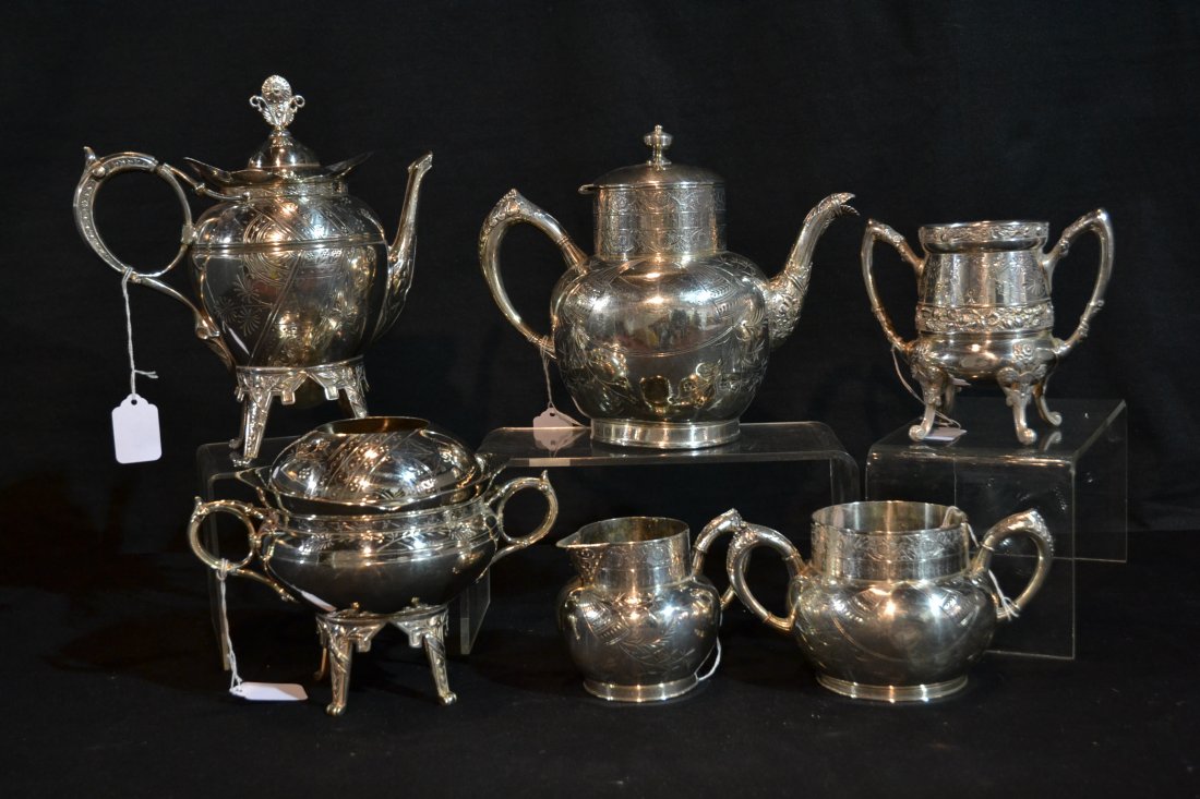 (6)pc's OF SILVER PLATE POTS & CREAMERS INC-: REED & BARTON ,WEBSTER , ROGERS & SMITH (TALLEST IS 10 1/2") ONE HAS DENT