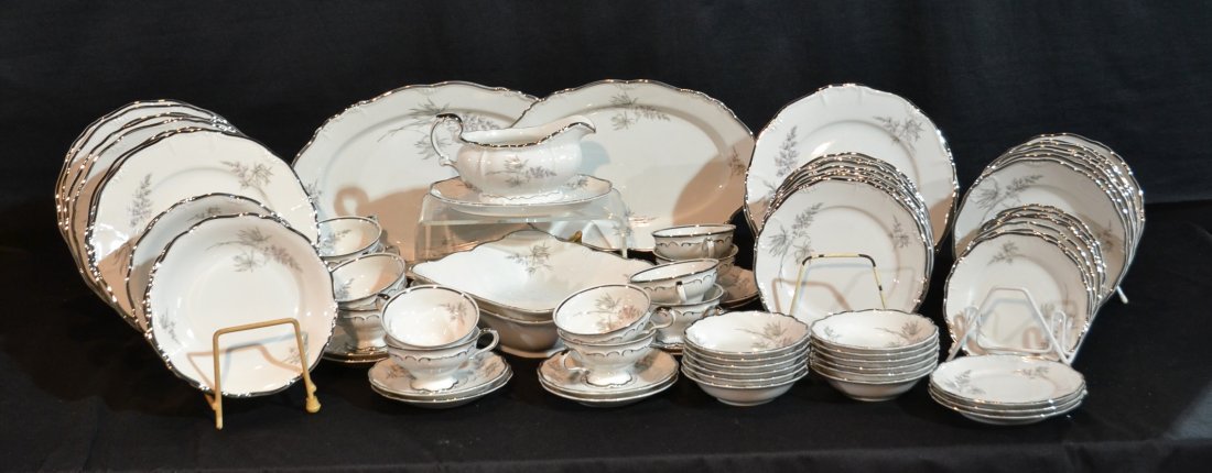 (88)pc SERVICE FOR (12) BAVARIAN DINNER SET WITH: SILVER TRIM & FLOWERS "TOWNE BAVARIA COTILLION" WITH (5) SERVING PIECES ; NEVER USED (ONE CAKE PLATE MISSING)