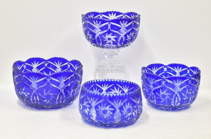 (4) CZECH BLUE CUT TO CLEAR CRYSTAL BOWLS