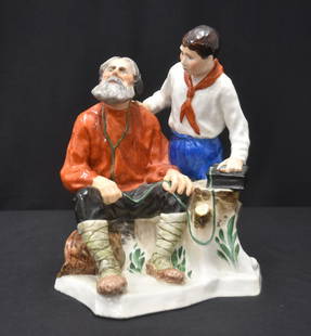RARE SOVIET PORCELAIN "RADIO FOR THE VILLAGE": RARE RUSSIAN SOVIET PORCELAIN GROUPING "RADIO FOR THE VILLAGE" commemorative piece made for the 10th anniversary of the Russian Revolution State Porcelain Manufactory, Leningrad, 1927 After the model
