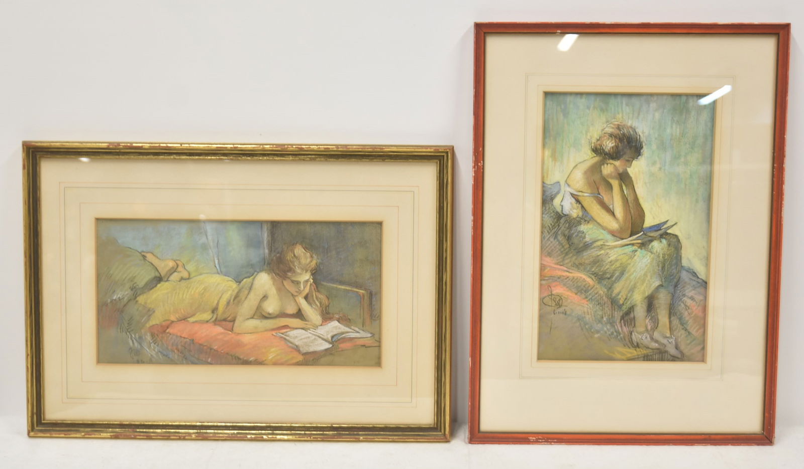 (2) AMERICAN SCHOOL PASTEL SKETCHES: AMERICAN SCHOOL RECLINING FEMALE NUDE READING BOOK , MONOGRAMED JSB / AMERICAN SCHOOL PASTEL SKETCH DRAWING OF WOMAN READING - 13" x 7" ; 19" x 13" OVERALL FRAMED