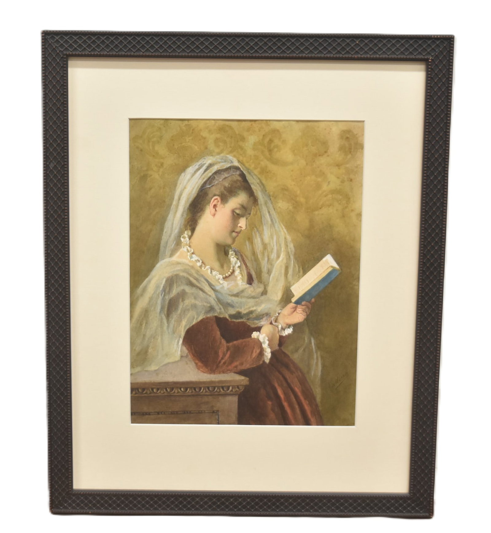 GIROLAMO NATTINO , WATERCOLOR OF GIRL READING: GIROLAMO NATTINO (ITALY, 1842-1913) WATERCOLOR OF GIRL READING BOOK , SIGNED G NATTINO , MIDDLE RIGHT - IMAGE SIZE IS 10" x 13 1/2" ; 17 1/2" x 21 1/2" OVERALL FRAMED