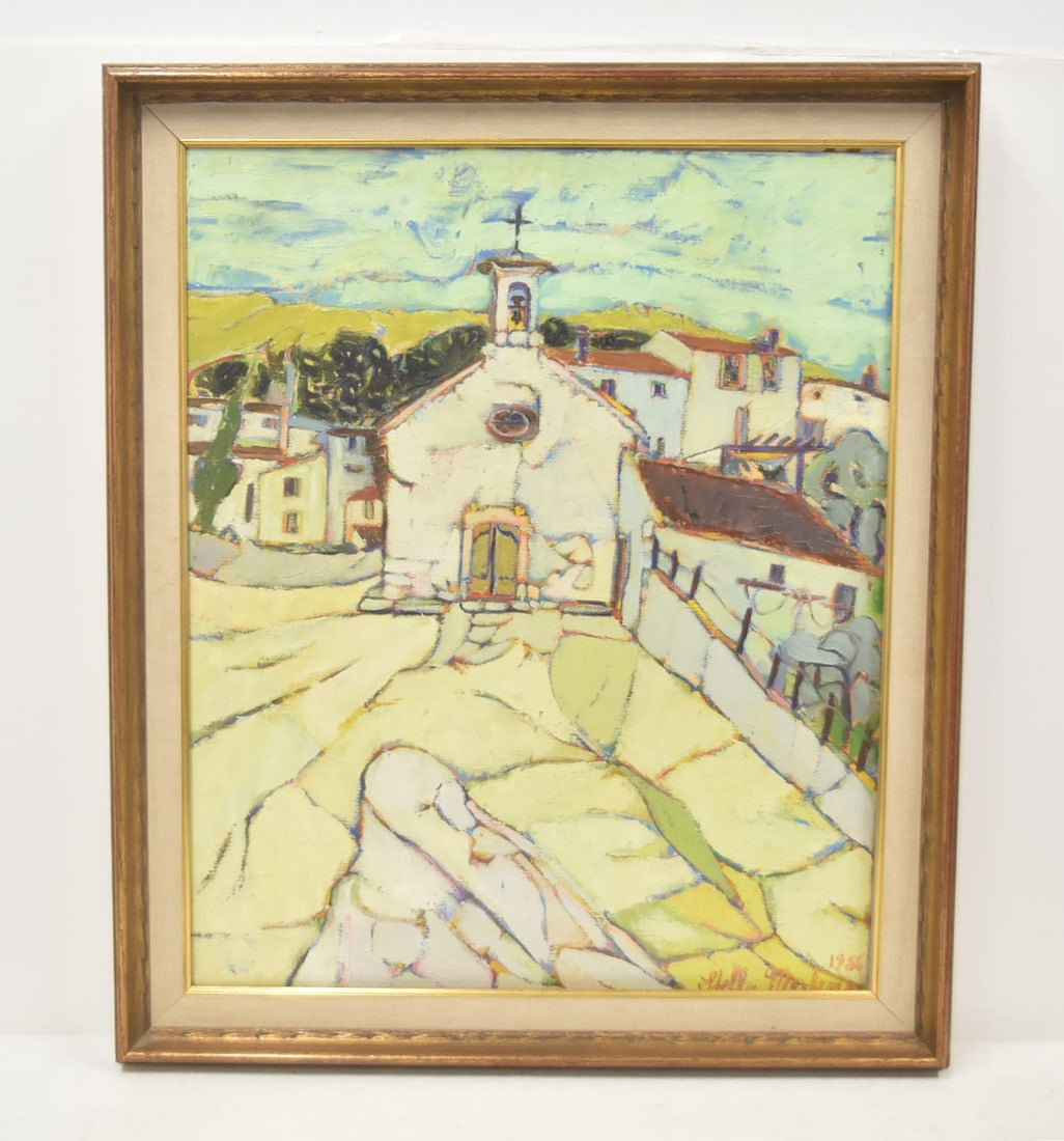 STELLA MERTENS , OIL ON CANVAS CHURCH: STELLA MERTENS, (FRENCH 1896-1986), OIL ON CANVAS LANDSCAPE WITH VILLAGE AND CHURCH , SIGNED S .MERTENS , WITH SAGINAW MUSEUM LABEL , CADAN GALLERY LABEL - 24" x 29" ; 28" x 33" OVERALL