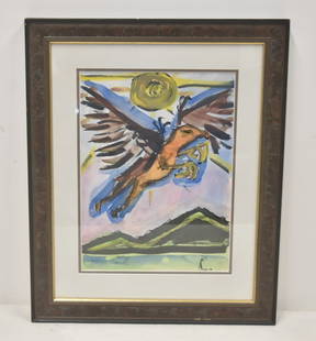 PETER DEAN , WATERCOLOR OF PHEONIX BIRD: PETER DEAN (NEW YORK/ WISCONSIN 1934-1993) WATERCOLOR ON PAPER OF FLYING MYTHICAL BEAST , SIGNED P DEAN - 8" x 11" ; 13 1/2" x 16 1/2"