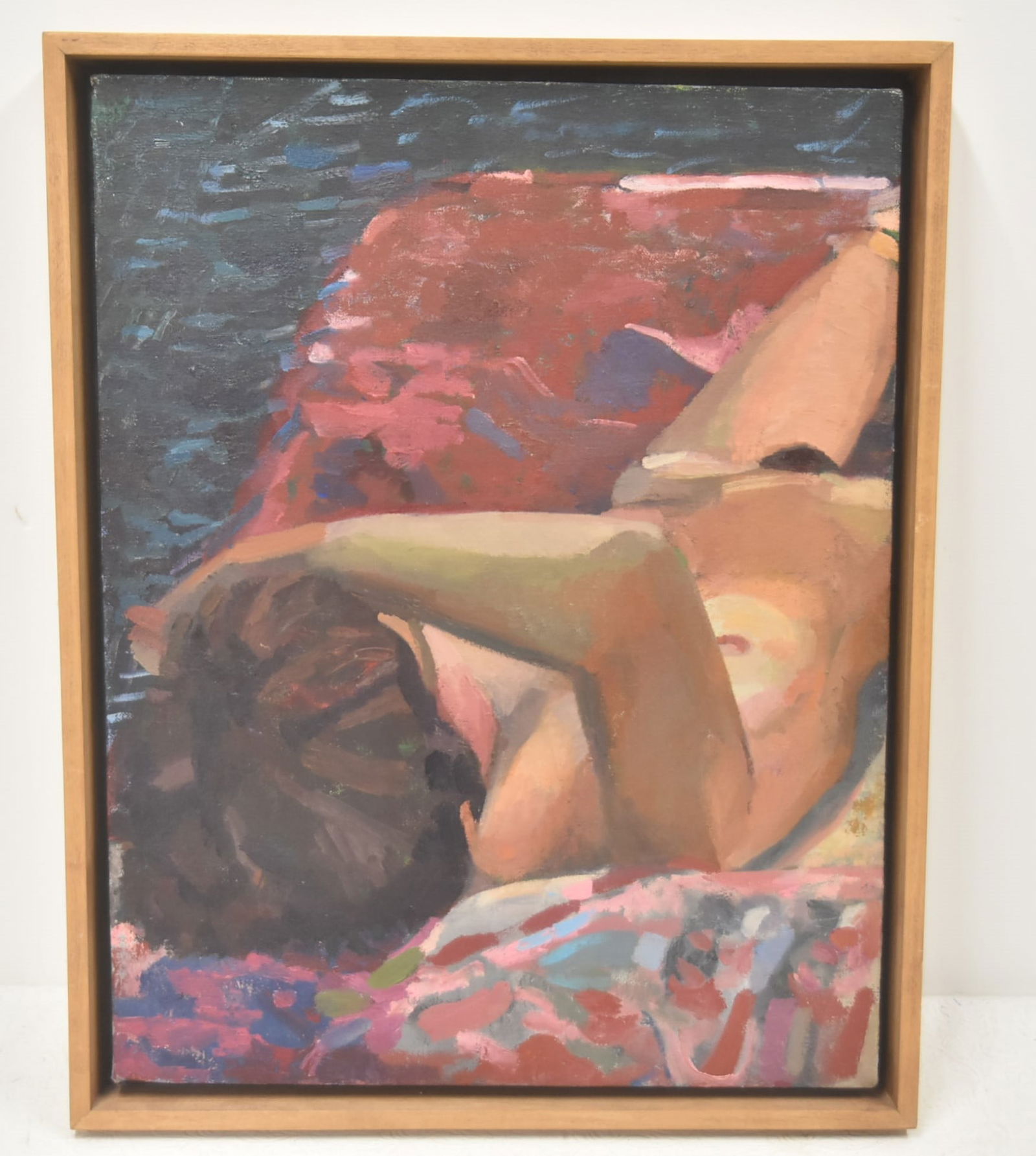 CAROLE ROBB , OIL ON CANVAS RECLINING NUDE: CAROLE ROBB (BRITISH / AMERICAN, b. 1943) OIL ON CANVAS RECLINING NUDE , INSCRIBED INVERSO , TO GERRY , WHO VIRTUALLY STOLE IT , LOVE CAROLE ROBB - OIL SIZE IS 15" x 18 1/2" ; 19 1/2" x 15 1/2" OVERAL