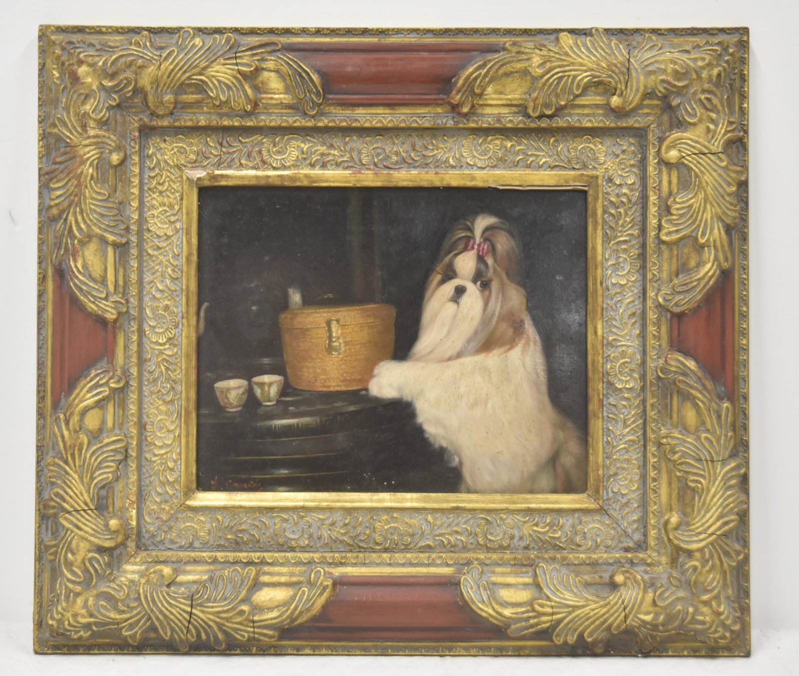DECORATIVE OIL ON PANEL OF SHIH TZU DOG: DECORATIVE OIL ON PANEL PAINTING OF SHIH TZU DOG , SIGNED LOWER LEFT - 10" x 8" ; 17" x 15" OVERALL