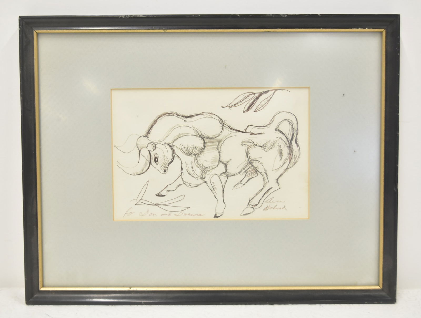 AARON BOHROD DRAWING OF BULL: AARON BOHROD (WISCONSIN, 1907-1992) INK SKETCH DRAWING OF BULL , INSCRIBED FOR DON DEANNA - 7 1/4" x 4 1/2" ; 13" x 10" OVERALL FRAMED