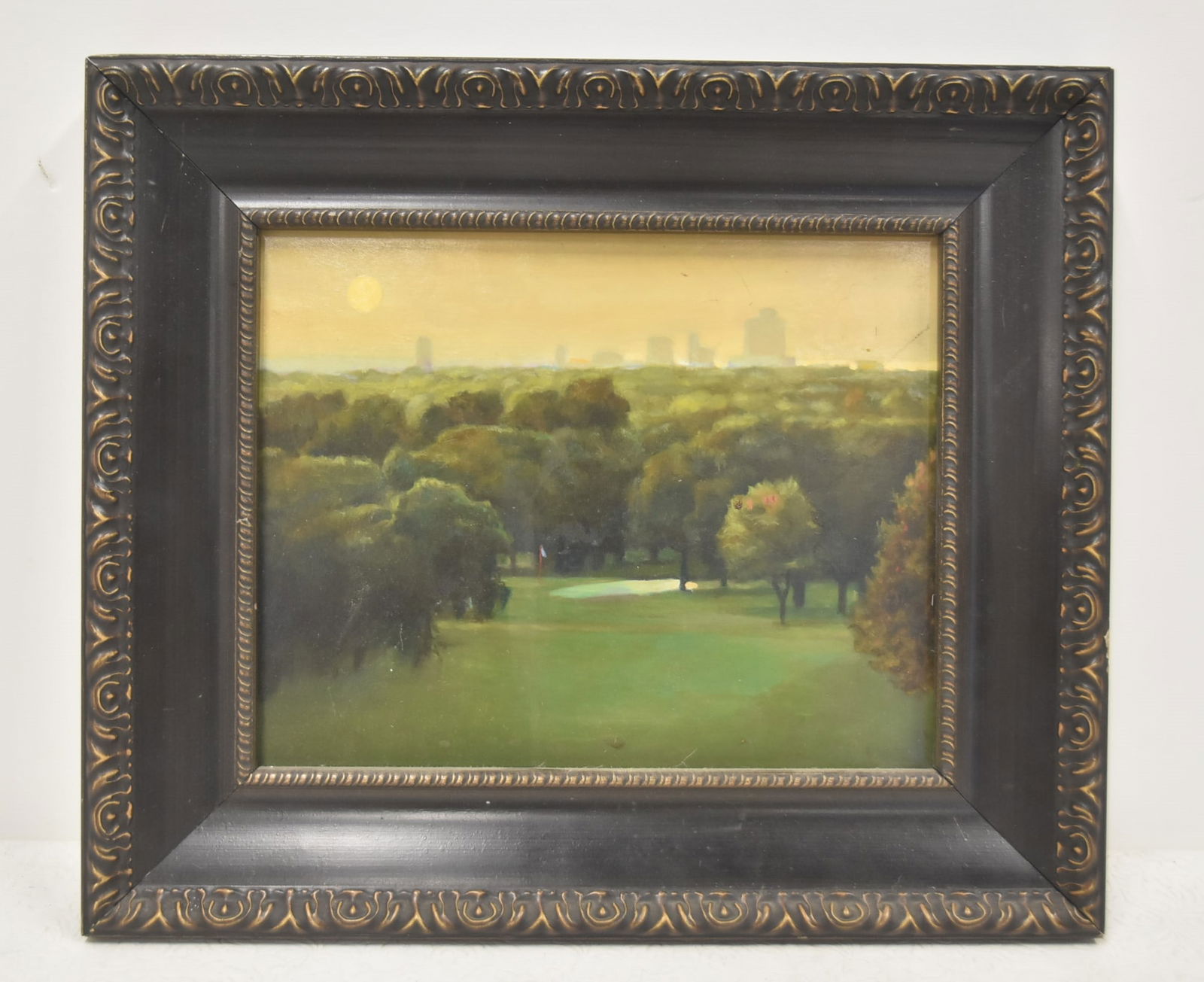 MICHAEL FOULKROD , GOLF COURSE OIL ON PANEL: MICHAEL FOULKROD , OIL ON PANEL "THE 9th HOLE" LOS ANGELES GOLF COURSE PAINTING , WITH INFO INVERSO - 9 1/2' x 7 1/2" ; 11 1/4" x 13 3/4" OVERALL FRAMED (FEW MARKS UPPER RIGHT CORNER)